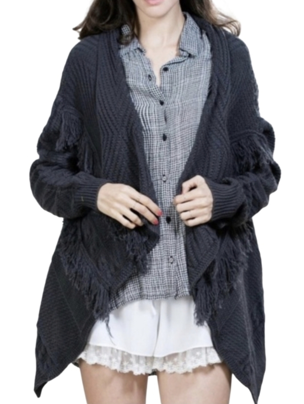 Lucky Brand Charcoal Gray Fringe Waterfall Cardigan Size Small